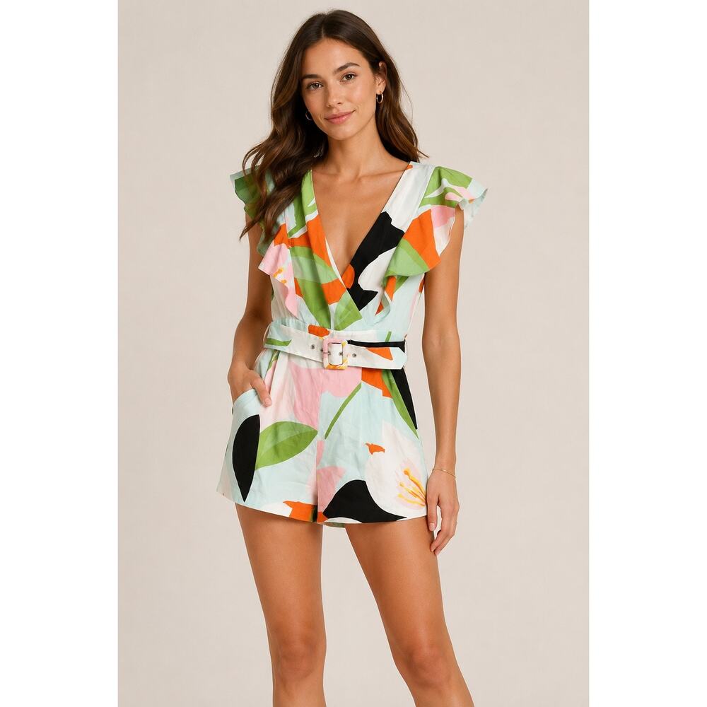 Great Jones Abstract Floral Ruffle Wrap Romper Belted Size 2